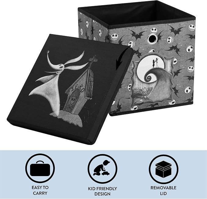 The Nightmare Before Christmas Collapsible Storage Cube with Removable Lid,10"x10"x10" Fabric Organizer Bin for Essentials