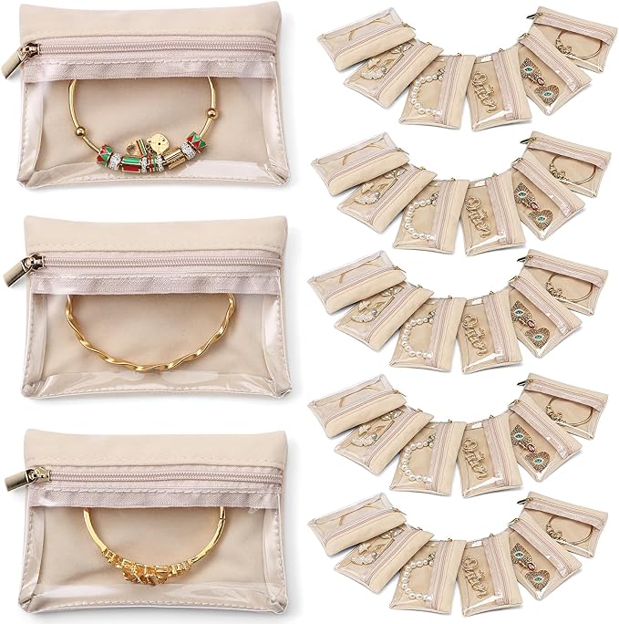 VLANDO 33 Pcs Travel Jewelry Case Velvet Jewelry Pouch with Zipper Clear Travel Jewelry Bag Jewelry Travel Organizer for Travel Business Trip Mother Day Mom Gifts for Mom Wife Women