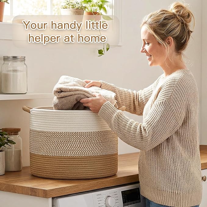 Artfeel 100L Large Cotton Rope Basket, Decorative Woven Blanket Storage for Living Room, Boho Toy Storage & Toy Box for Kids, Versatile Laundry Basket & Nursery Hamper for Blankets(Brown)