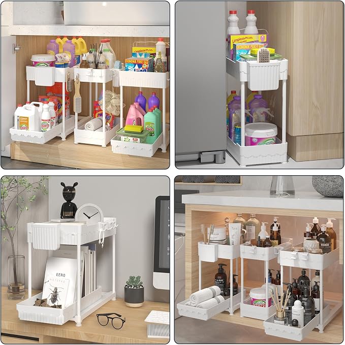 Sevenblue 3-Pack 2-Tier Under Sink Organizers with Sliding Drawers | Multi-use kitchen & bathroom storage, 12.8 inch white cabinet organizer, space-saving sliding drawer design.