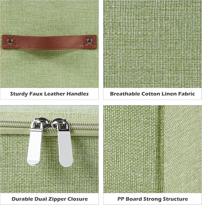 2PCS Storage Cubes with Lid Fabric Storage Bins Boxes PU Leather Handles Cotton Linen Closet Organizer Container Decorative Foldable Washable Shelf Cloth Basket (Zipper Lid, Green, 11in)