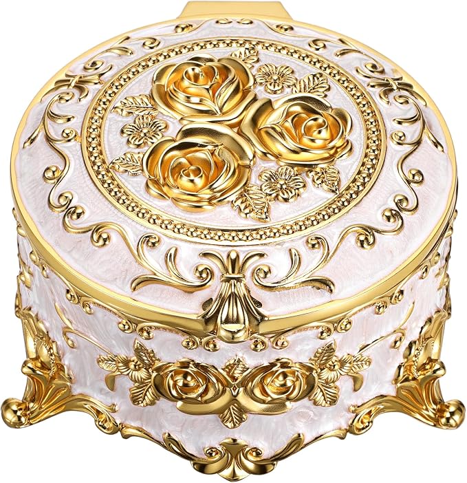 Hipiwe Round Jewery Box Metal Trinket Organizer Decorative Keepsake Box for Trrasure Ring Earring Holder Vintage Jewelry Display Case, Beige, 5.7" L x 5.1" W x 3.5" H
