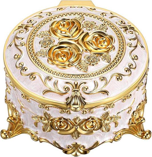 Hipiwe Round Jewery Box Metal Trinket Organizer Decorative Keepsake Box for Trrasure Ring Earring Holder Vintage Jewelry Display Case, Beige, 5.7" L x 5.1" W x 3.5" H