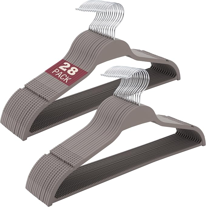 Grey Plastic Thin Hangers, 28 Pack Upgraded Rubberized Non Slip, Durable Slim Clothing Hangers, 17.7 Inches Wide for Adults
