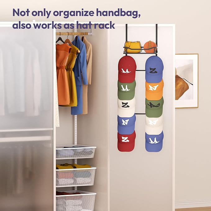 SWTYMIKI Over The Door Purse Organizer - Wall Mounted Purse Rack with 10 Hooks and Metal Basket, Handbag Hanger Organizer Holds up to 10 Bags, Bag Rack Can Use As 1/2 Part, for Door, Closet