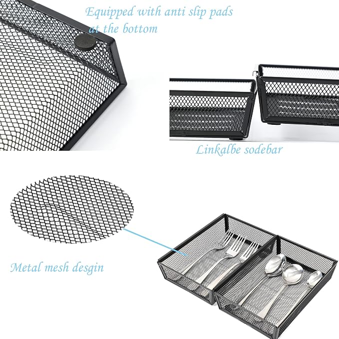 Mesh Tray Kitchen Drawer Utensil Cutlery Tray Office Supplies with Inter-locking Arm Drawer Dividers Organizer for Silverware, Flatware, Home,Office, School,Bedroom(9＂X6＂4pack) Black
