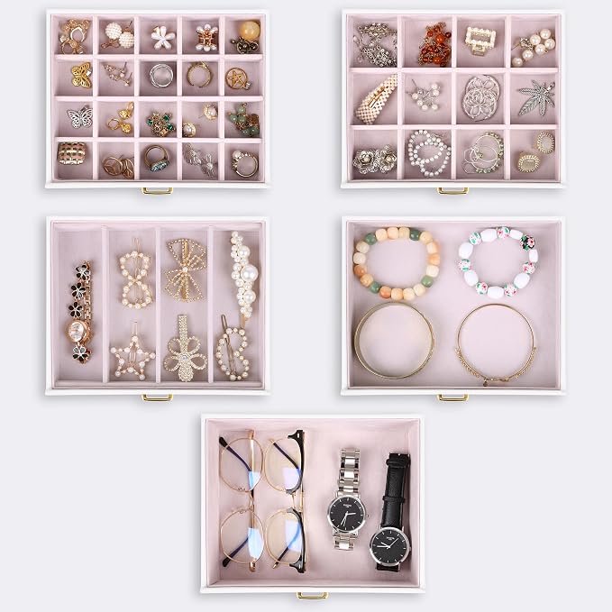 Kendal Extra Large Jewelry Box Jewelry Case PU Leather 6 Tier 5 Drawers Large Storage Capacity with Mirror Jewelry Storage Organizer Great Gift Also Good For Watches LJC-SHD5CM(White)