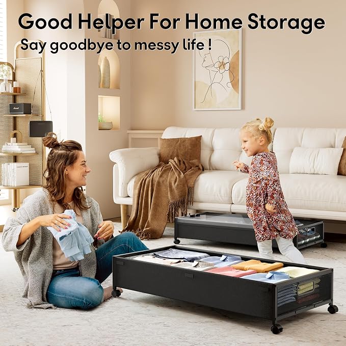 Under Bed Storage with Wheels，4 Pack Under Bed Storage Containers,Underbed Shoe Storage Bedroom Large Capacity Under Bed Storage with Lid for Clothes Shoes Toys Blankets