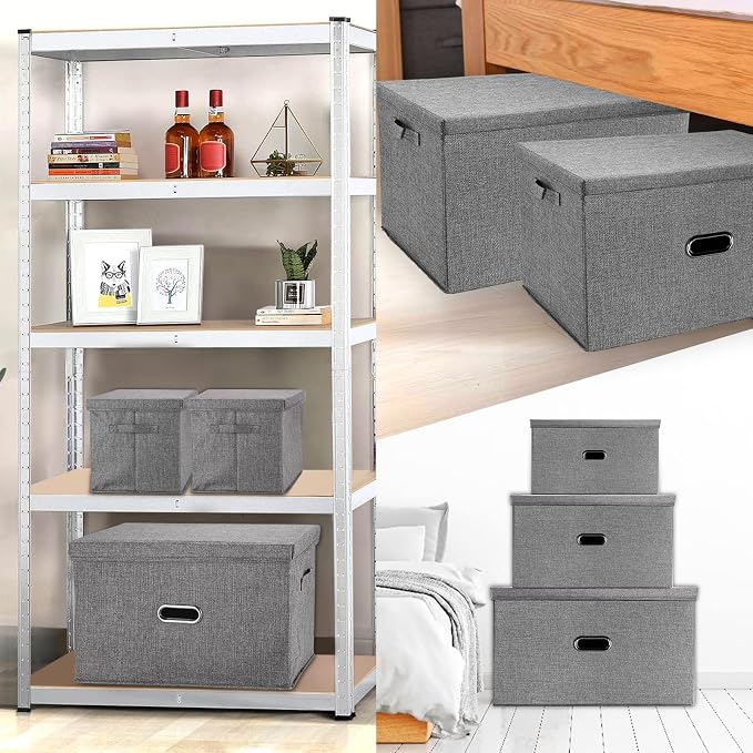 Large Linen Fabric Foldable Storage Bins with Removable Lid and Handles, Washable Storage Box Organizer Containers Baskets Cube with Cover for Bedroom,Office(Pink, XXL)