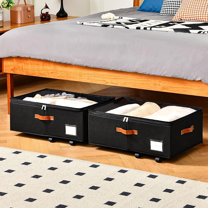 Freebat Under Bed Storage Organizer with Wheels 2 Pack, 10 inches Height Underbed Container with Clear Lid Cover, Storage Bag Box with Visiable Window for Clothes, Bedsheet, Pillow
