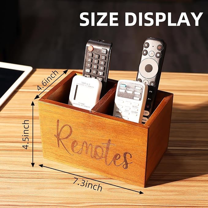 Remote Control Holder, Wooden TV Remote Holder for Table, Remote Organizer Caddy for Home Decor, Remote Box for Nightstand, Brown Labeled "Remote", 2 Slot - 7.3 Inch