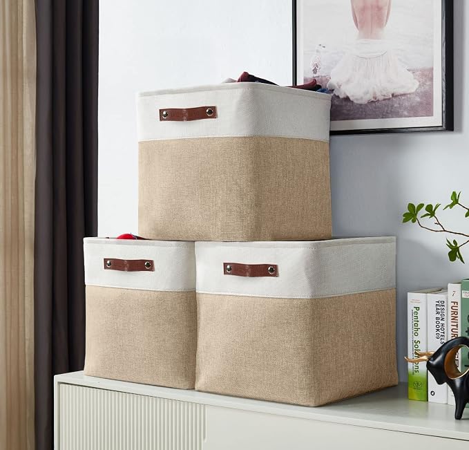 DECOMOMO Cube Storage Bin 11x11, Fabric Storage Bins, Kallax Storage Cubes (Beige & White, 4 Pack)