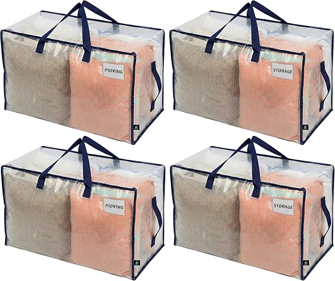 VENO 4 Pack Clear Extra Large Moving Bags & Storage Totes, Heavy Duty Organizer with Reinforced Handles & Strong Zippers for Clothes, College Dorm Essentials, Moving Supplies