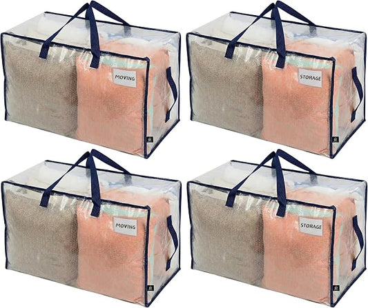 VENO 4 Pack Clear Extra Large Moving Bags & Storage Totes, Heavy Duty Organizer with Reinforced Handles & Strong Zippers for Clothes, College Dorm Essentials, Moving Supplies