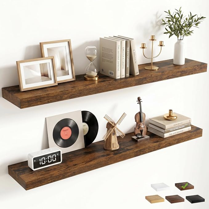 FLYJOE 40 Inch Floating Shelves for Wall Set of 2, 6.5" D Wood Grain Bathroom Shelves with Invisible Brackets, Easy Install Engineered Wood Storage Shelves for Kitchen, Living Room, Bedroom