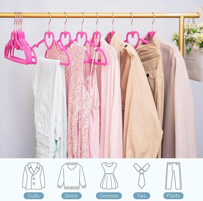 Velvet Hangers 20 Pack,16 Inch Non Slip Adult Heart Hanger(Hot Pink) | 360° Swivel Hooks, Cascade Design, Space Saving
