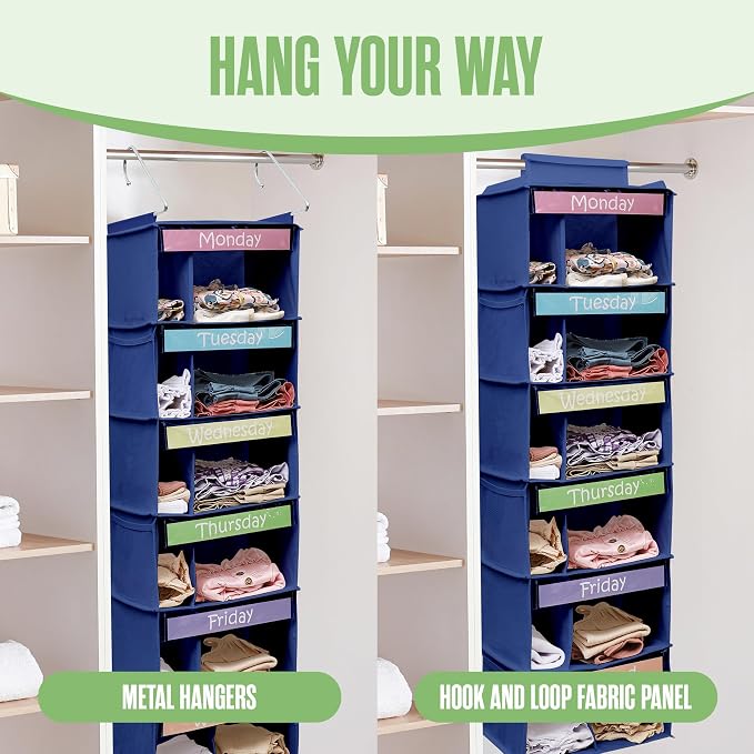 Kids Clothes Organizer, Closet Daily Outfit Storage, Hanging, 6 Shelf Blue | Houseables Weekly Clothes Organizer for Kids, Monday through Friday Clothing Planner, Day of the Week, Weekday, School