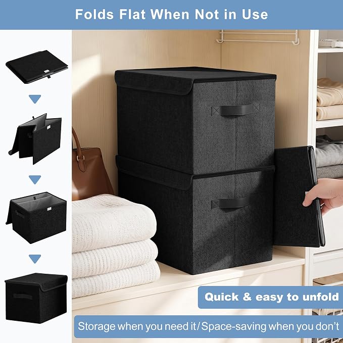 Bagnizer Large 17" 42 Quarts Collapsible Stackable Storage Bins with Lids [3-Pack] Foldable Fabric Linen Storage Boxes Cube, Closet Organizer Baskets with Label (16.7 x 12 x 12, Black)