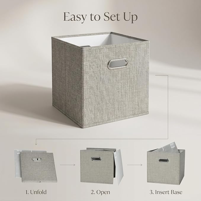 12x12 White Sand Fabric Storage Cubes, 4 Pack – Foldable Linen-Look Cube Organizer Bins with Handles, Collapsible Cubby Baskets for Closet, Shelves, Nursery, Dorm Room & Cube Storage