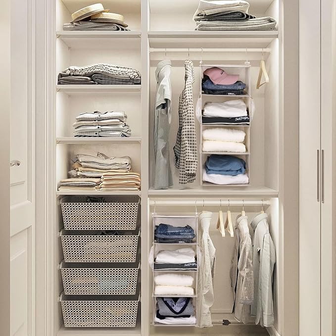 MAX Houser 4 Tier Shelf Hanging Closet Organizer, Space Saver,Closet Hanging Shelf with 2 Sturdy Hooks for Storage, Foldable (Beige)