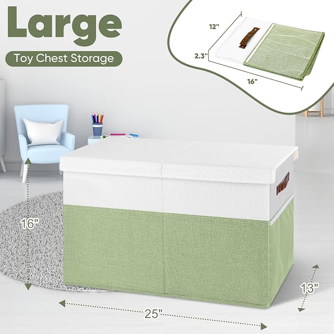 Large Toy Storage Box, Collapsible Sturdy Toys Storage Chest With Mesh, 25x13x16 Kids Toy Storage Organizer, Extra Large Toy Chest Box Bin Basket for Kids, Boys, Girls, Nursery (Green and White)
