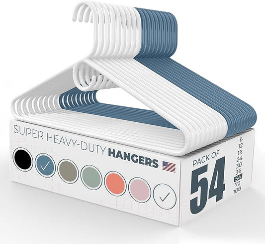 Super Heavy Duty Clothes Hangers 50 Pack (54 Count) – Made in the USA - 10lb Capacity, Thick Plastic Hangers for Pants, Coats, Jackets, Jeans and Adult Clothing – White & Blue