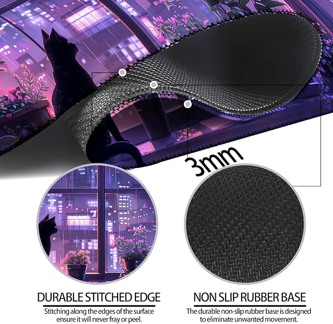 Japanese Anime Cute Cat and Plant Gaming Desk Mat, Computer Keyboard Large Extended Kawaii Animal Mouse Pad for Office and Home, 31.5×11.8 Inches, XL, Purple