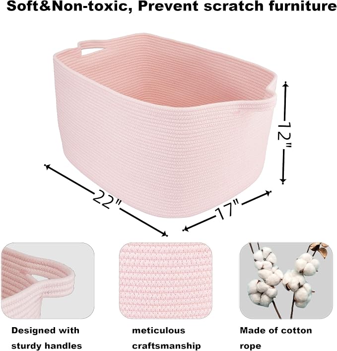 XUANGUO Large Rectangle Blankets Baskets 22"x17"x12" Toy Basket for Kids Woven Cotton Rope Storage Basket for Nursery - Laundry Baskets for Clothes Towels - Ideal for Living Room Storage pink