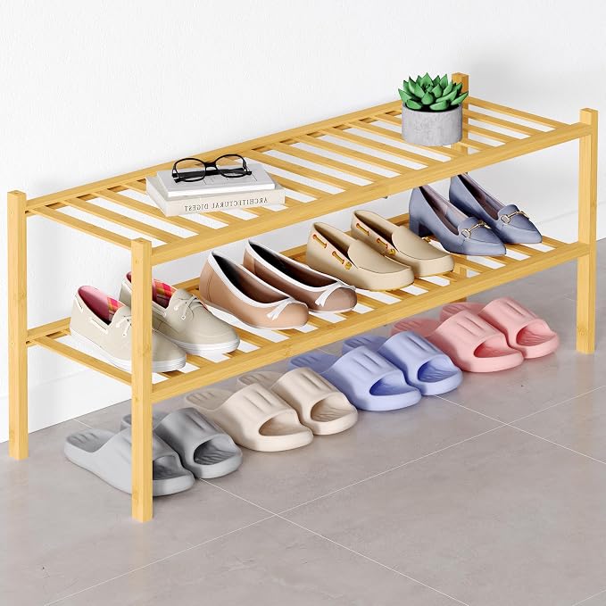 Smiry Bamboo Shoe Rack for Closet, 2 Tier Long Wooden Shoe Organizer, Stackable Wood Shoe Storage Shelf for Entryway, 14 Vertical Slats, One-piece Heavy-Duty Legs, 33.86"x11.02"x12.99", Natural