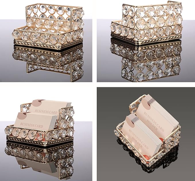 Hipiwe 2 Tiers Crystal Business Card Holder Gold Mirrored Cards Organizer | Business Cards Display Stand Desktop Name Card Storage Holder for Office Countertop