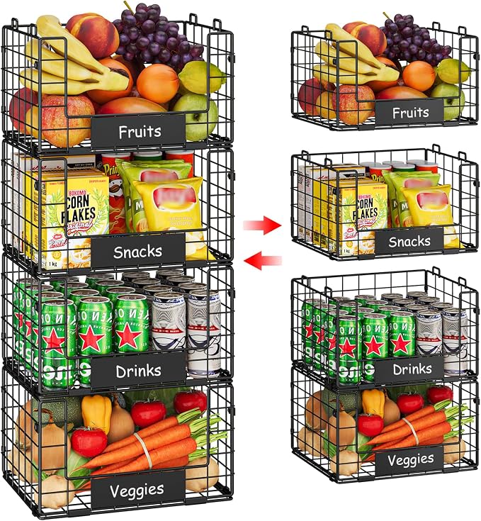 JKsmart Pantry Organizers and Storage, 4 Pack XL Stackable Wire Baskets with NamePlates, Metal Storage Bins for Snack Can Fruit Vegetable Spice
