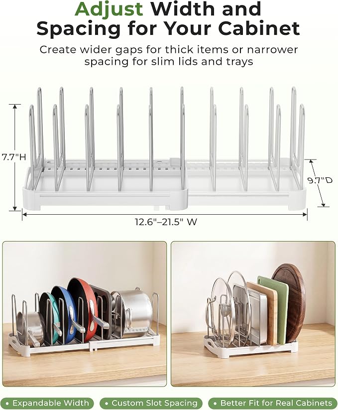 EVERIE Adjustable Bakeware Organizer Pot Lid Holder Rack for Pots, Cake Molds, Cutting Boards, Mats, Cookware, GS02SS, 7.7'' Deep by 12.6'' to 21.5'' Wide