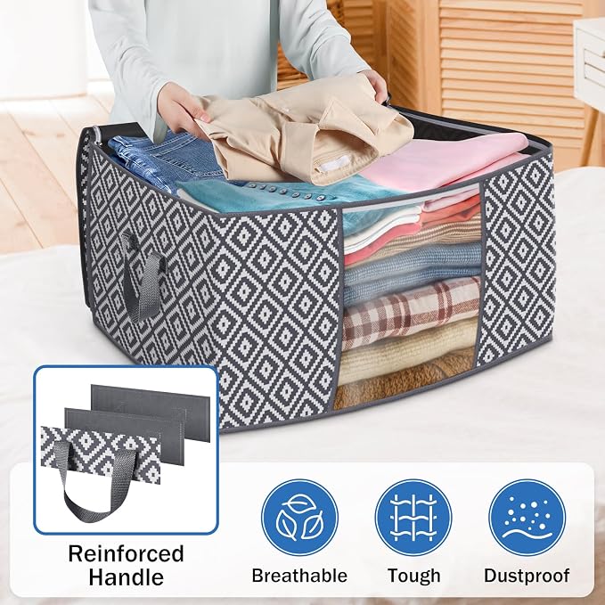 StorageTastic Direct 100L, 6 Pack, Storage Containers, Large Clothes Storage Bins Foldable Organization and Storage Bags with Reinforced Handle, Clear Window for Bedding, Blankets, Clothing, Grey