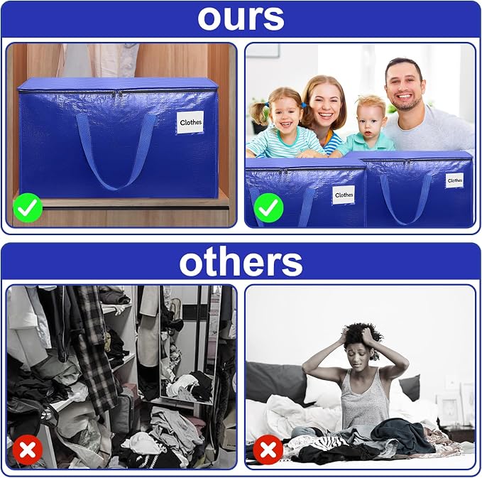 4 Pack XL Heavy Duty Moving Bags with Reinforced Stitching & Smooth Dual Zippers, Large Capacity Storage Totes for Clothes, Closet, Travel & Home Organization, Blue