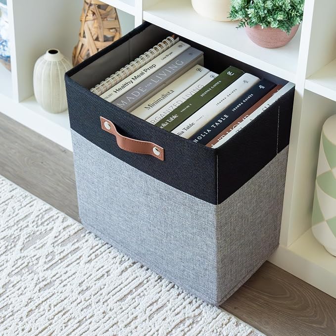 OrganiHaus 13x13 Cube Storage Bins, Set of 4 - Fabric Storage Cubes | Sturdy, holds its shape; odor-free; fits IKEA Kallax and Expedit; vegan leather handles