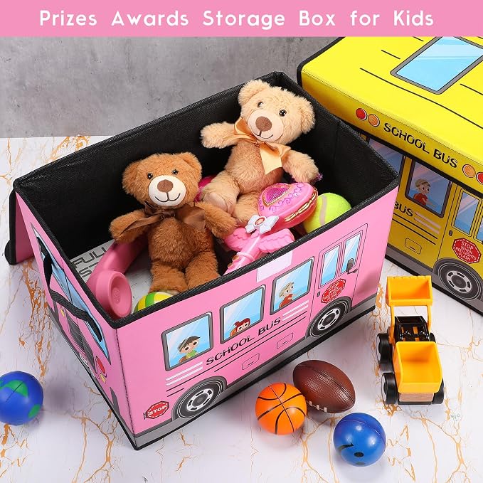 Sweetude 2 Pcs School Bus Treasure Box for Classroom, Foldable Chest Storage Toy Box Chest with Lid Treasure Storage Organizer Bin for Kids Teachers Toy Prizes Awards for Students(Yellow, Pink)