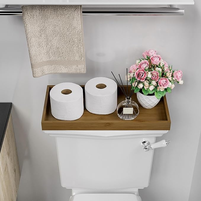 ZHWS Bathroom Vanity Tray for Countertop Perfume Makeup Jewelry Candle Decor, Kitchen Tray for Soap Dispenser Spice Salt, Large Tray for Toilet Tank Paper, Serving Nightstand Brown 13”x6.5”