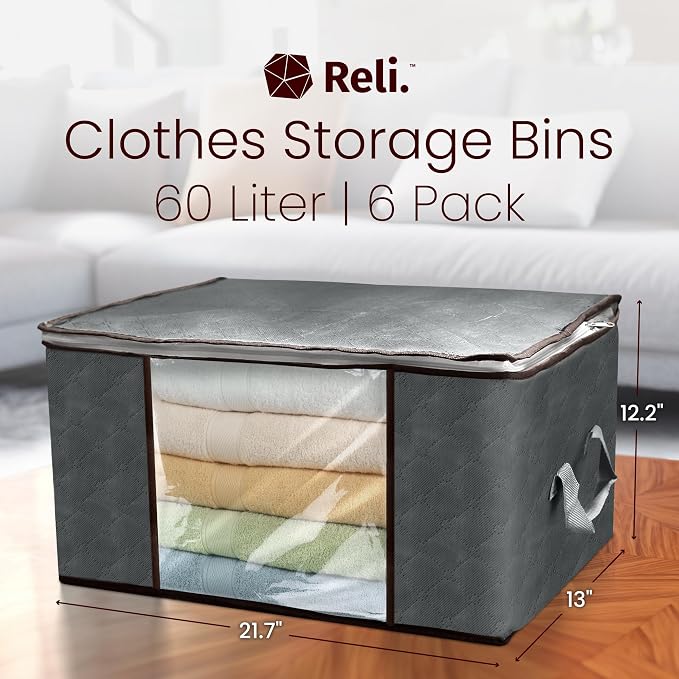 Reli. 60L Foldable Storage Containers for Blankets, Clothes & Organization (6 Pack) | Sturdy Under Bed Bags with Zipper