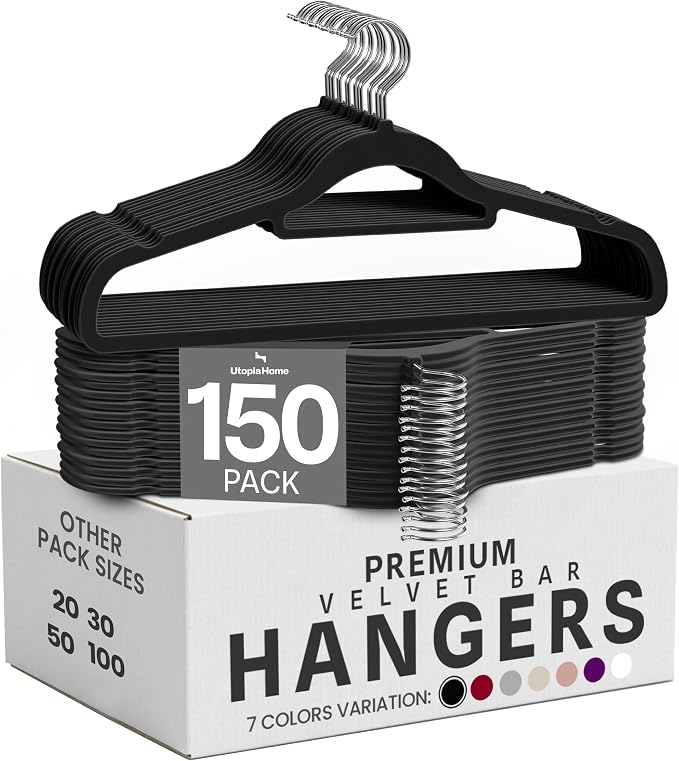 Utopia Home Premium Velvet Hangers 150 Pack - Non-Slip Clothes Hanger with Tie Bar - Black Hangers with 360 Degree Rotatable Hook - Heavy Duty Coat Hanger