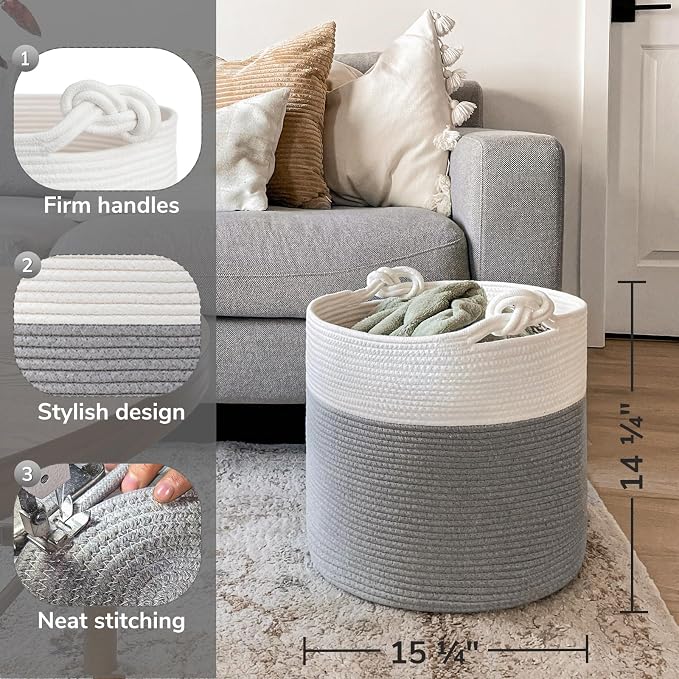 Goodpick Toy Basket for Kids, Woven Rope Blanket Basket for Living Room Nursery Baby Laundry Baskets for Organizing Clothes, Gray