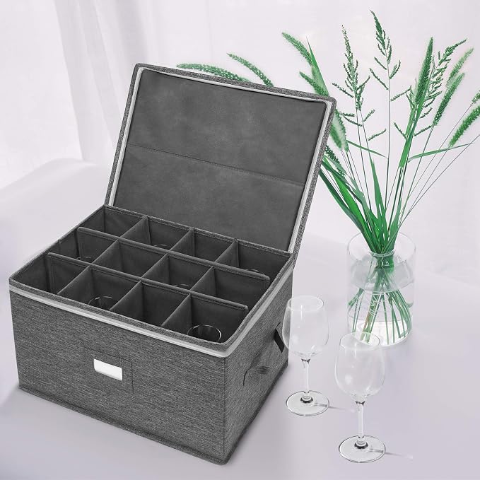 popoly Stemware Storage Containers (2 pack), Wine Glass Storage Box with Dividers for Glassware or Crystal, Holds 12 Red or White Wine Glasses, Hard Top and Stackable (Grey)