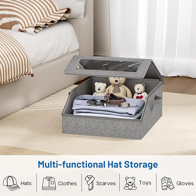 AOODA Sturdy Hat Storage for Baseball Caps, Holds up to 24 Caps Clear Hat Organizer for Closet, Bedroom, Wide Hat Box with Cardboard (Slate Grey)