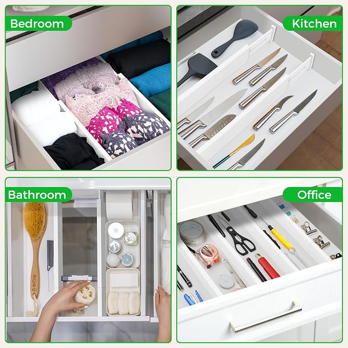 4 Pack Bamboo Drawer Dividers Organizer with Inserts 2.6'' High, Expandable from 12.5-21.7", Adjustable Drawer Organizer Separators for Utensils, Clothing, Office, Dresser, Bedroom, (White)