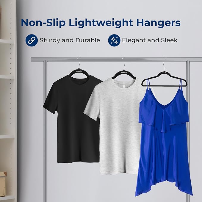 SereneLife Velvet Hangers – 150 Pack, Slim & Space Saving for Closets | Soft velvet grip prevents slipping on silk, satin & knitwear – 360° swivel hook fits all standard closet rods