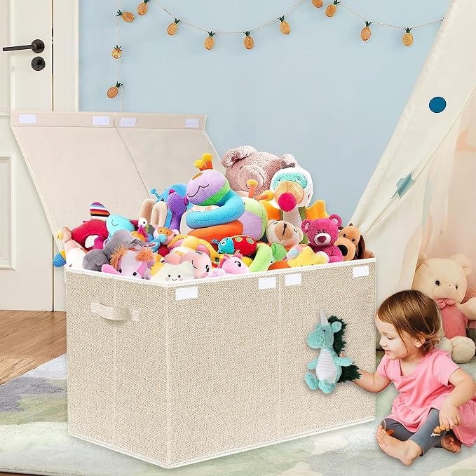 Large Toy Box Chest Storage with Lid - Collapsible Kids Toys Boxes Organizer Bins Baskets with Handles for Boys, Girls, Nursery, Playroom, Clothes, Blanket, Bedroom(Beige)