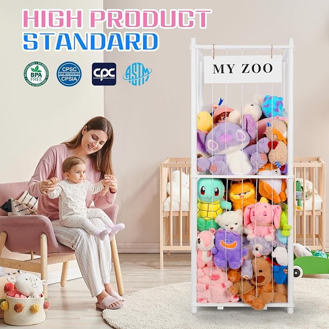 GLDZI Stuffed Animal Storage Zoo, Wooden Stuffed Animal Organizer with Elastic Cords for Boys Girls, Space Saving Toy Plushies Storage Holder for Playroom, Bedroom, Living Room (White, Large)