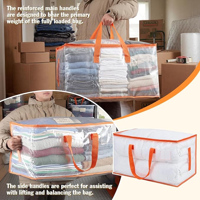 KYODOLED 10-Pack Clear Moving Bags Heavy Duty Extra Large, Storage Totes with Reinforced Handles, Zippers & Label Pocket, Transparent Packing Containers for College Dorm, Clothes, Bedding, Toys
