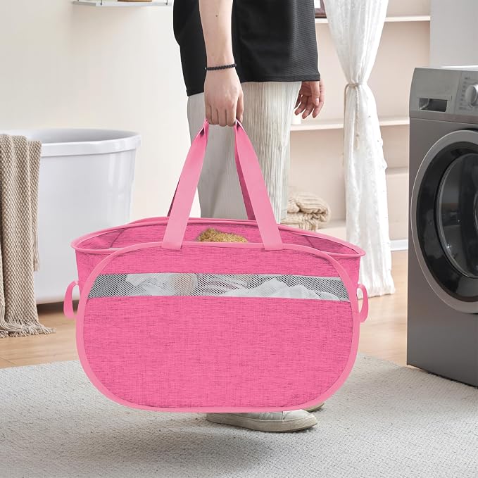 Collapsible Laundry Baskets, Foldable Tear Proof Pop Up Hamper with Reinforced Carry Handles, Durable Laundry Hamper for Home, Laundry, Bathroom, Dorm or Travel (Pink)