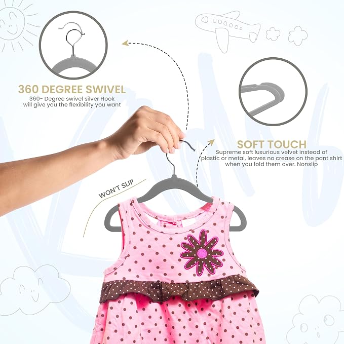 Utopia Home Kids Velvet Hanger 50 Pack – 11" Premium Baby Hangers - Grey | Premium Non-Slip Baby Hangers for Baby and Toddlers, Durable Ultra-Slim Space-Saving Closet Organizers