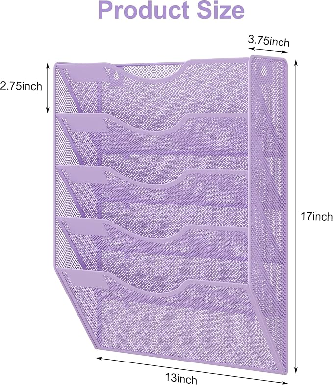EasyPAG Wall File Organizer 5 Tier Hanging Paper Folder Holder, Zero Assembly Metal Mesh Wall Mounted Mail Organizer for Office Home Classroom Narrow Spaces, Puple